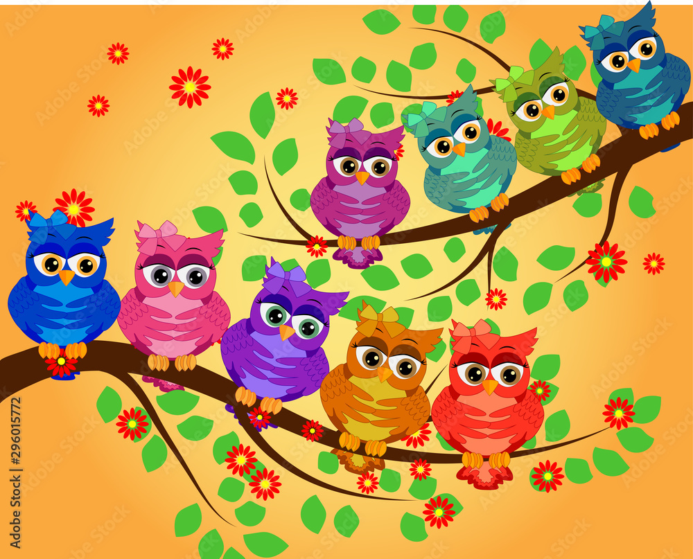Obraz premium Four couples of owls sitting on branches. Nice elements for scrapbook, greeting cards, invitations, Valentine's cards etc.