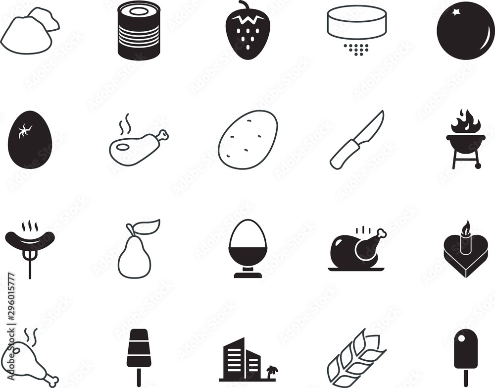 food vector icon set such as: handle, valentine, journey, equipment, recreation, trash, closeup, army, building, ears, cuisine, canned, morning, paper, adventure, steam, dumping, spring, chef