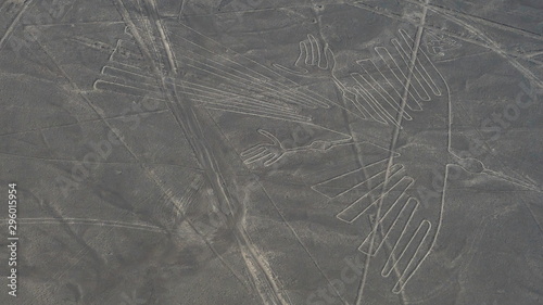 Aerial view of Condor geoglyph, Nasca Line found in a peruvian desert of Nasca, Peru