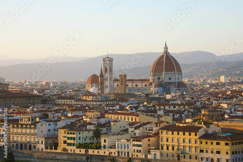 Florence city during golden sunset. Panoramic view of the Cathedral of Santa Maria del Fiore (Duomo), Florence, Italy.