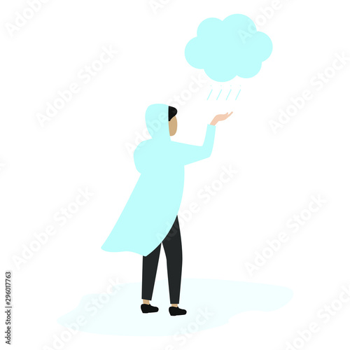  A man in a raincoat in the rain. Cloud sign. Social Media Signs Flat cartoon character isolated on white background