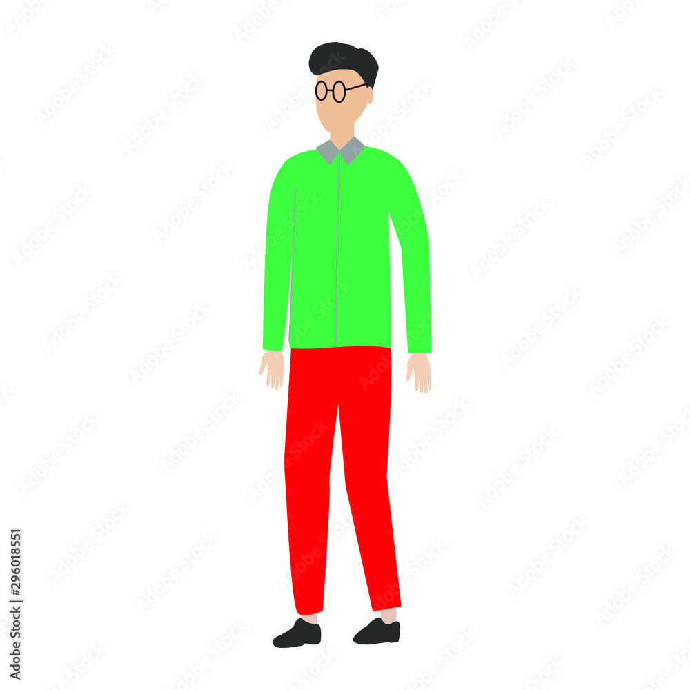 Man in glasses is worth. Flat cartoon character isolated on white background