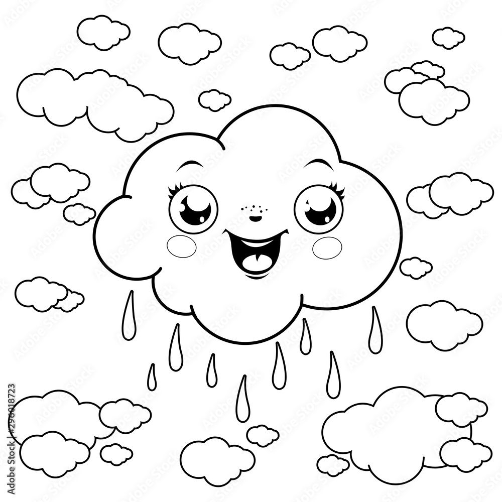 Cute clouds raining at the sky. Vector black and white coloring page ...