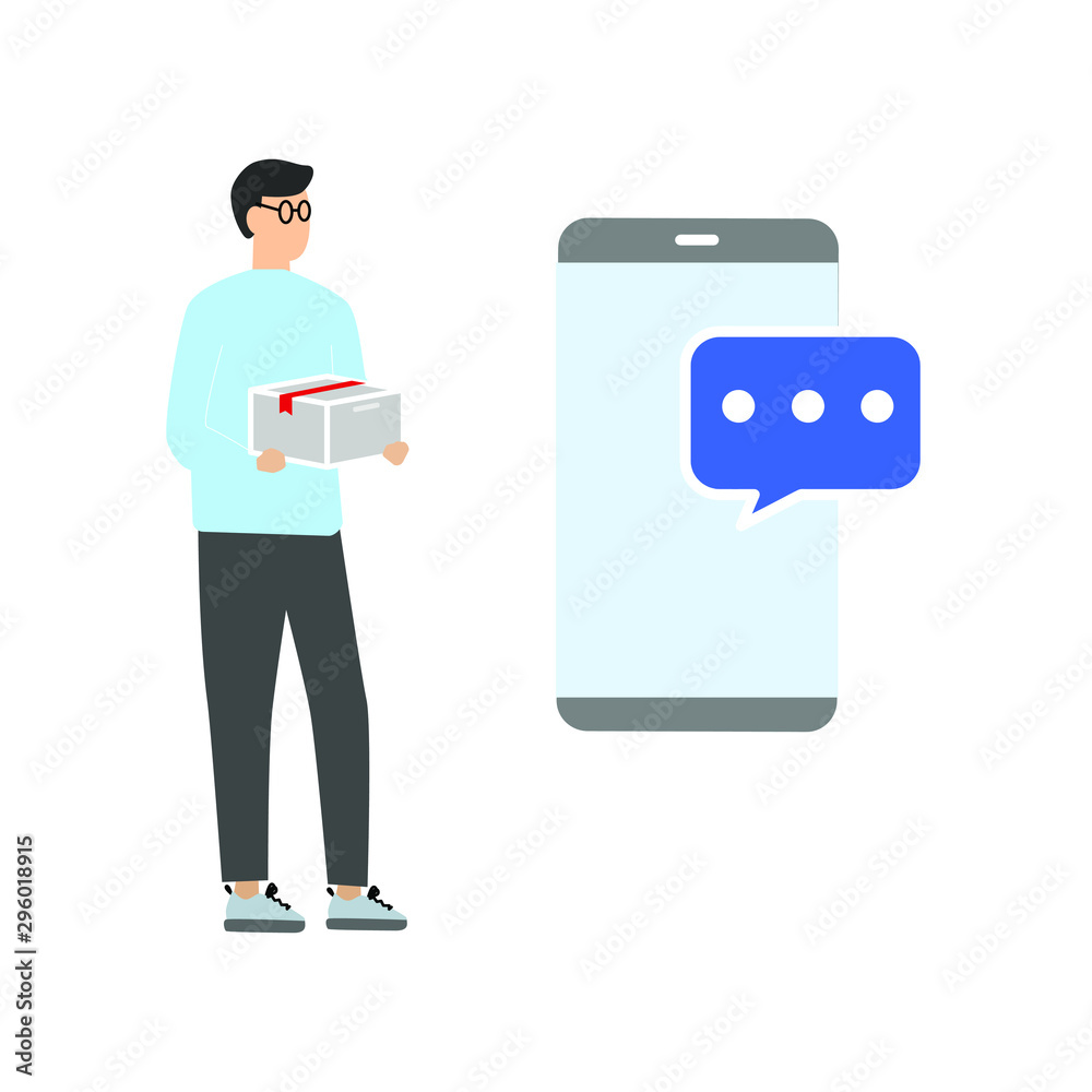 Man with a box. Smartphone and chat bubble Man with a box. Smartphone and chat bubble