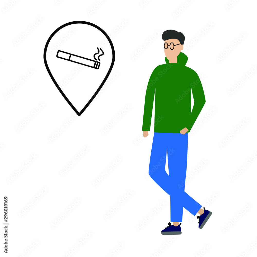Man and cigarette sign. Smoking area. Location pin with cigarette Man and cigarette sign. Smoking area. Location pin with cigarette