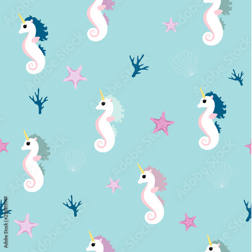 Vector Background Unicorn. Seamless Kids Pattern Seahorse.