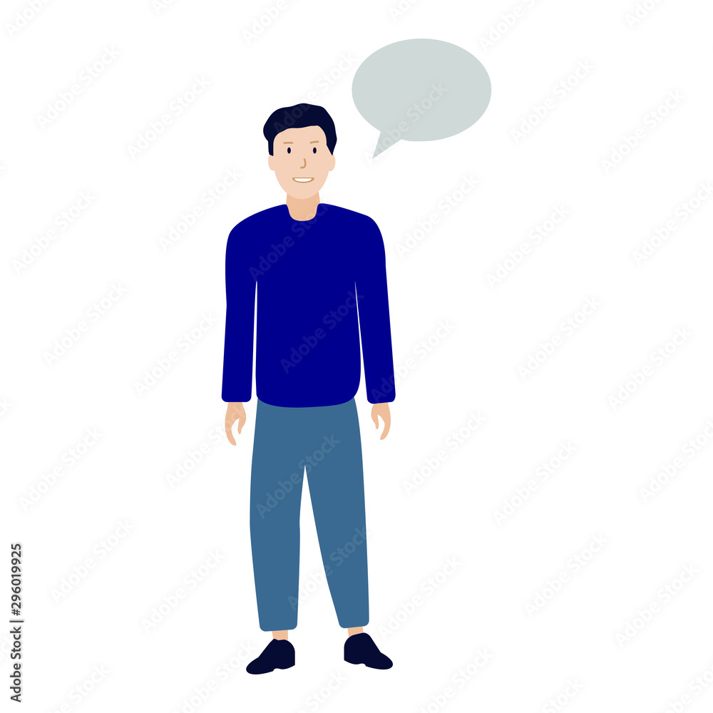 Young man stands. Illustration. EPS file. Speech bubble. Flat cartoon character isolated on white background.