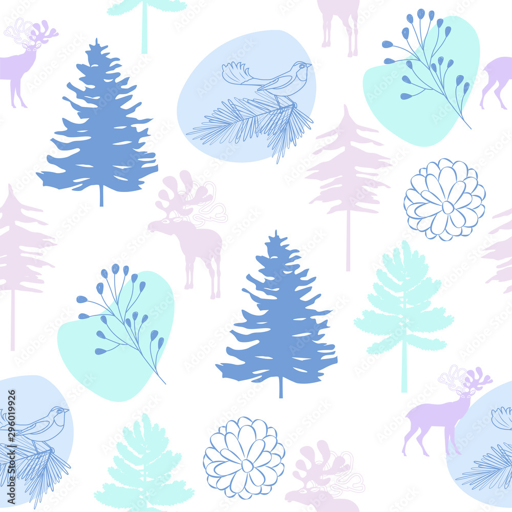 Seamless pattern with winter plants, pine tree, abstract element, birds and deer. Editable vector illustration Seamless pattern with winter plants, pine tree, abstract element, birds and deer. Editable vector illustration