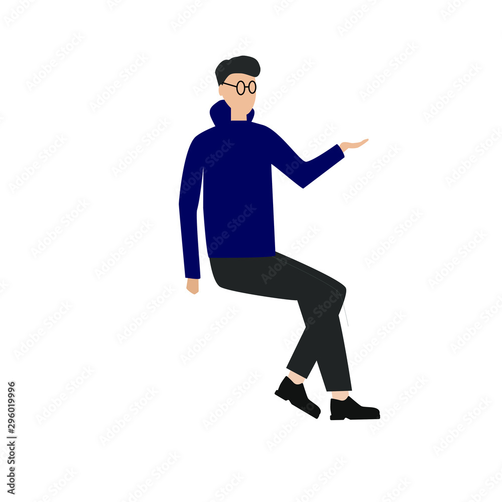 Man in glasses sits. Flat cartoon character isolated on white background. Man in glasses sits. Flat cartoon character isolated on white background.