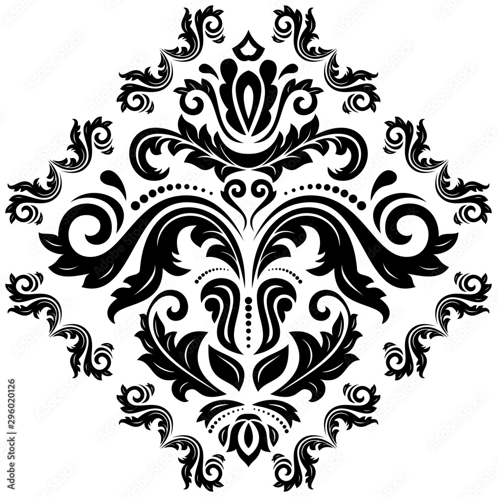 Oriental pattern with arabesques and floral elements. Traditional classic black and white ornament. Vintage pattern with arabesques Oriental pattern with arabesques and floral elements. Traditional classic black and white ornament. Vintage pattern with arabesques