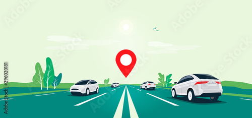 Traffic cars on highway with landscape motorway panoramic horizon view. Flat vector cartoon style illustration with vehicle on street driving on infinite road with navigation map location pointer.
