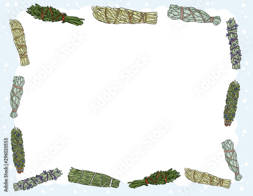 Cute cozy banner with sage smudge sticks elements. Boho indigenous herb bundles flyer. Cute cartoon style template for agenda, planners, check lists, and other stationery. Space for text