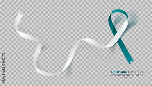 Cervical Cancer Awareness Month. Teal And White Ribbon Isolated On Transparent Background. Vector Design Template For Poster. Illustration.