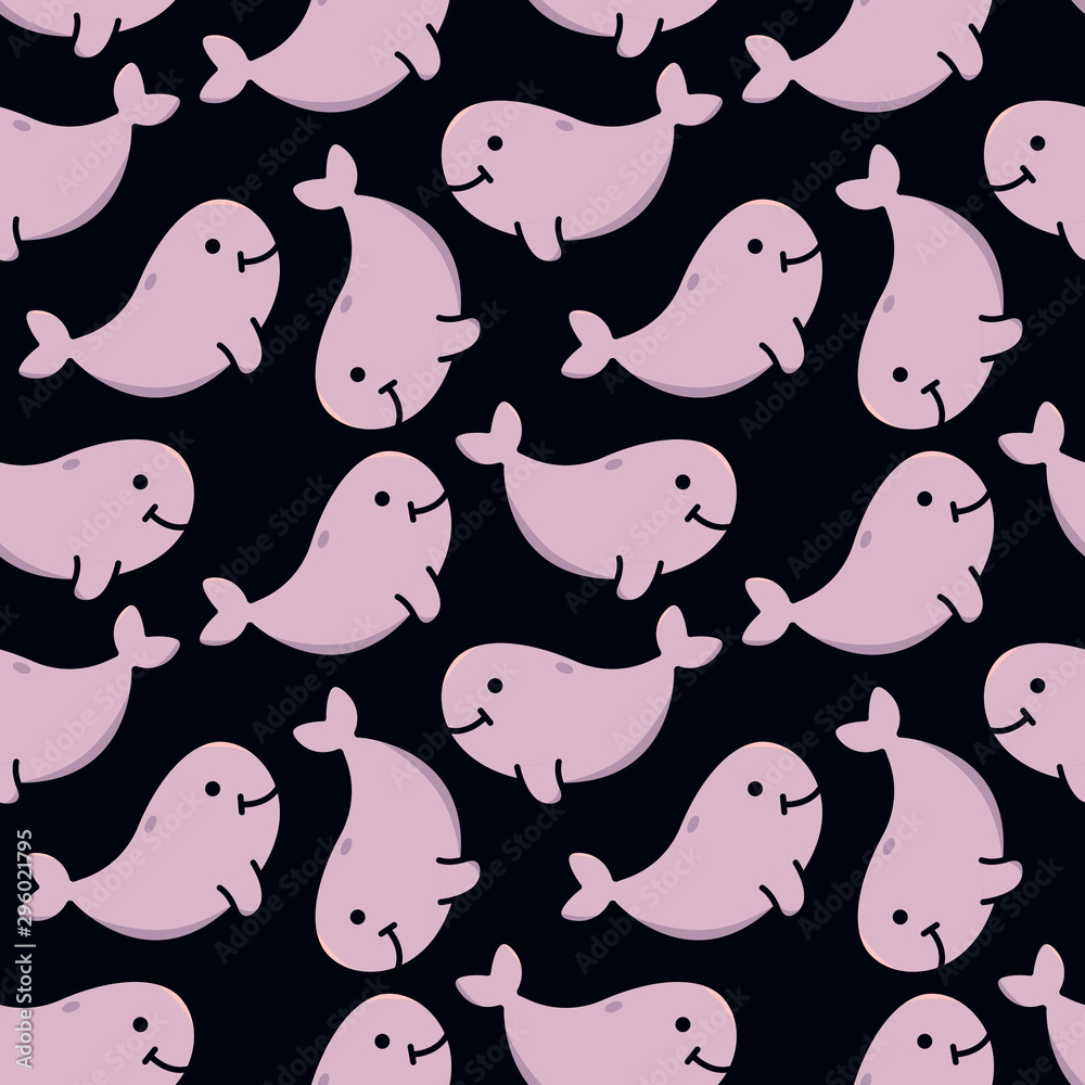 Vector seamless pattern with pink whales on dark background for kids. Design for fabric, textile, decor.