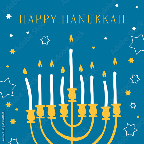 Happy Hanukkah. Greeting card design template with mehorah and candles. Hand drawn sketch vector illustration