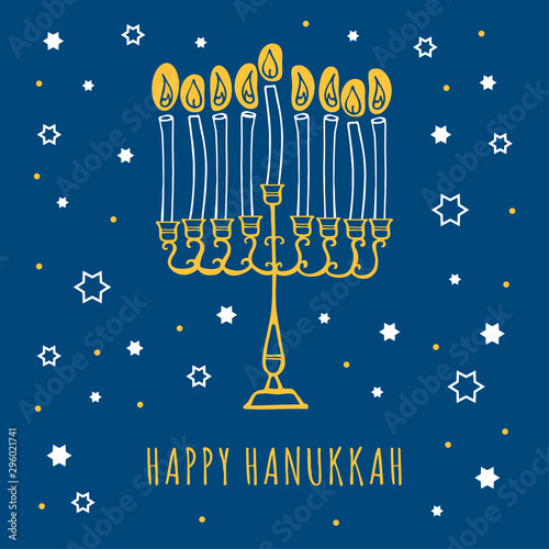 Hanukkah greeting card design template with stars, mehorah and candles. Hand drawn sketch vector illustration