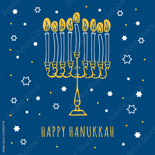 Hanukkah greeting card design template with stars, mehorah and candles. Hand drawn sketch vector illustration
