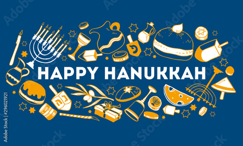 Hanukkah greeting design template. Traditional objects and food with wishing. Hand drawn outline vector sketch illustration