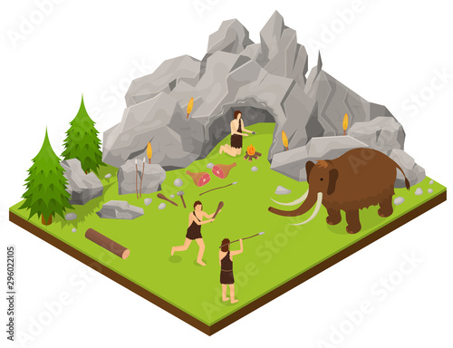 Primitive People Scene Concept 3d Isometric View. Vector