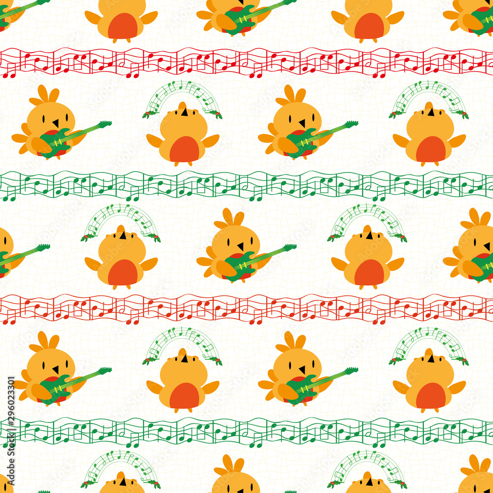 Funky cartoon robins playing guitar and dancing between lines of musical notes. Seamless vector pattern in gold, red and green on textured white background. Great for Christmas products, giftrwap Funky cartoon robins playing guitar and dancing between lines of musical notes. Seamless vector pattern in gold, red and green on textured white background. Great for Christmas products, giftrwap