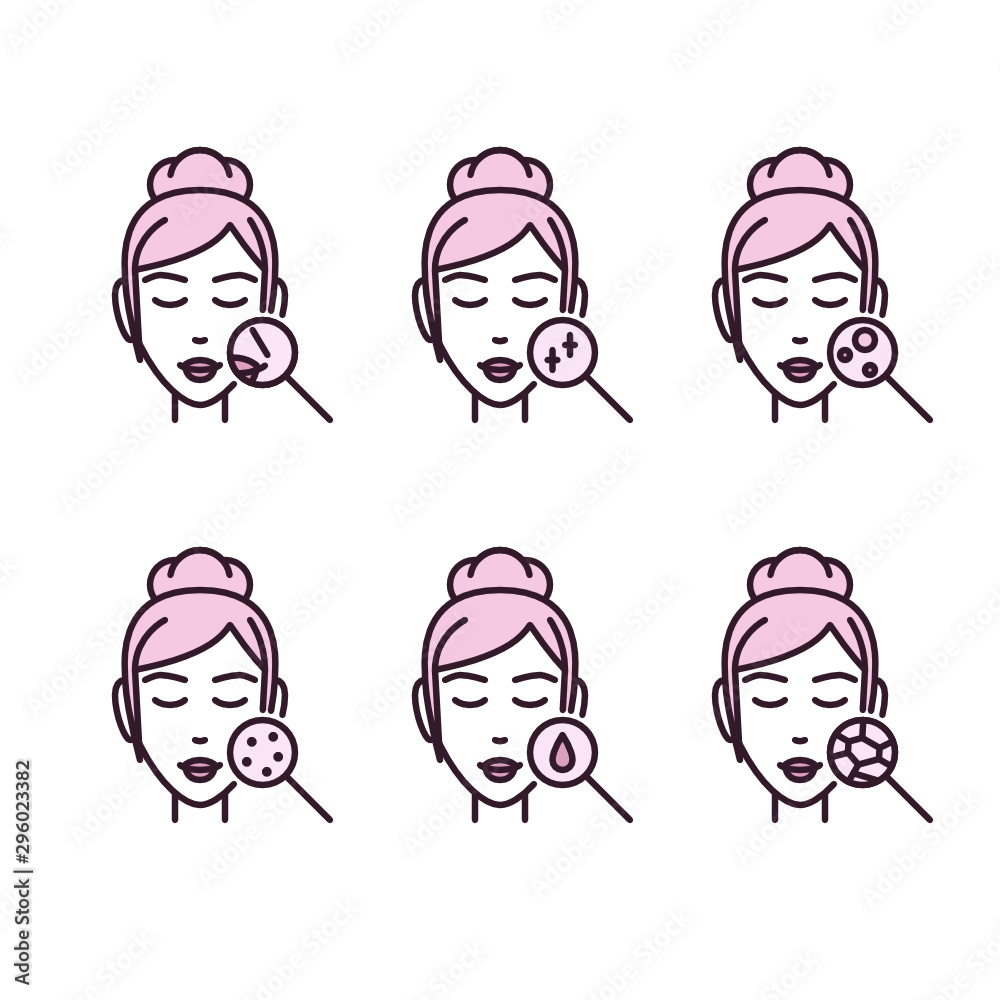 Different Skin Types Under Magnifier Vector Icon Set Stock
