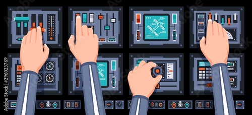 Spaceship control panel with hands of pilots. Spacecraft dashboard with with many control elements. Vector illustration. photo