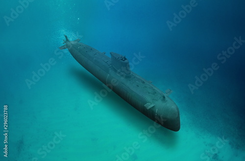 Naval submarine submerge underwater during a mission photo