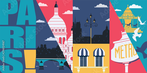 Paris, France vector skyline illustration, postcard. Travel to Paris modern flat graphic design
