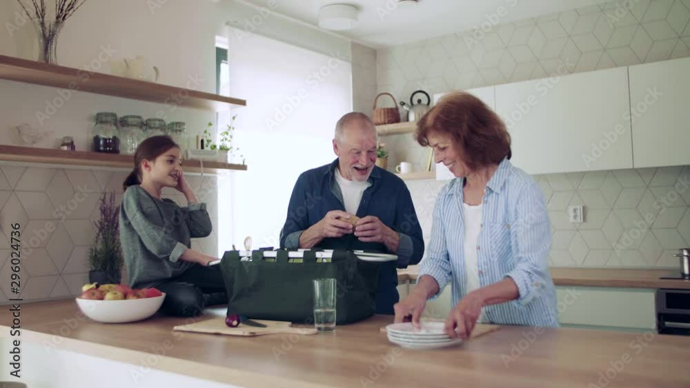 A small girl with senior grandparents indoors in kitchen unpacking shopping. A small girl with senior grandparents indoors in kitchen unpacking shopping.