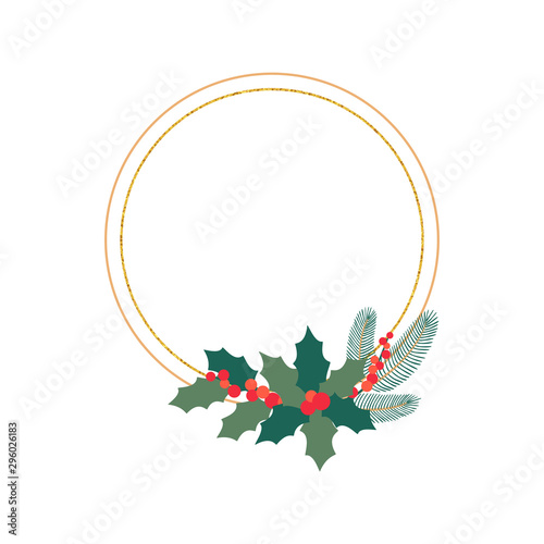 Christmas Botanical festive circle design element with winter flowers and leaves. Vector hand drawn elegant frame isolated on white background.