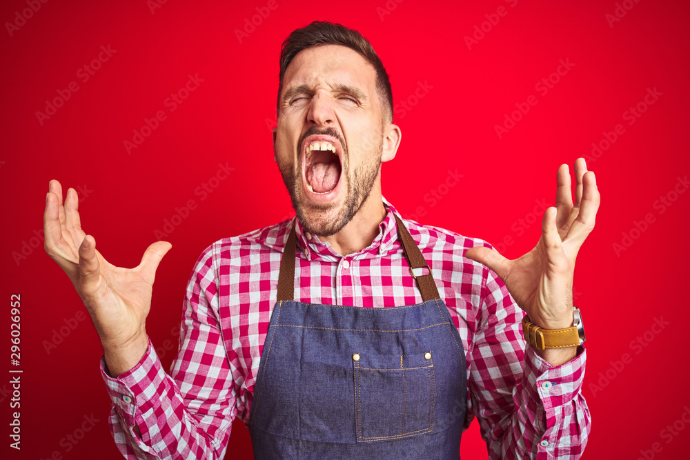 Young handsome man wearing shop owner apron uniform over red isolated background celebrating mad and crazy for success with arms raised and closed eyes screaming excited. Winner concept Young handsome man wearing shop owner apron uniform over red isolated background celebrating mad and crazy for success with arms raised and closed eyes screaming excited. Winner concept