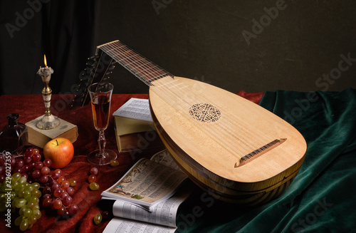 Musical still life in the Renaissance style with lute.. photo