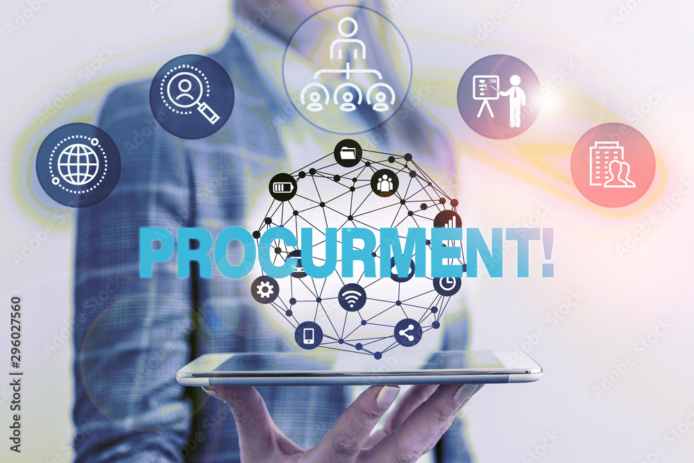 Handwriting text Procurment. Conceptual photo action of acquiring military equipment and supplies Male human wear formal work suit presenting presentation using smart device