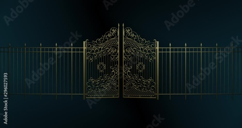3D rendered animation. Opening and Closing Golden Gates and Fence.  Isolated from Black Background