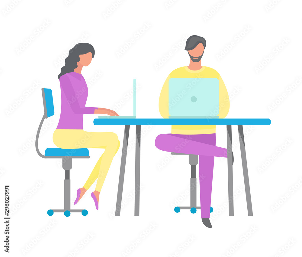 Man and woman sitting on seat at table working with laptop, teamwork and workplace, people using wireless gadget in office, communication with pc. Vector illustration in flat cartoon style Man and woman sitting on seat at table working with laptop, teamwork and workplace, people using wireless gadget in office, communication with pc. Vector illustration in flat cartoon style