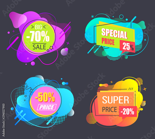 Sale proposition vector, isolated set of banners with abstract design for Black friday sale, 70 percent reduction, coupons from markets flat style stickers proposals offers