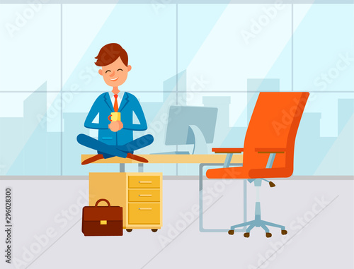 Office of businessman, person wearing formal clothes and drinking beverage. Coffee break of director of company, chief executive magnate owner. Vector illustration in flat cartoon style