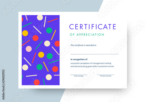 Certificate of appreciation template design. Elegant business diploma layout for training graduation or course completion. Vector background illustration.