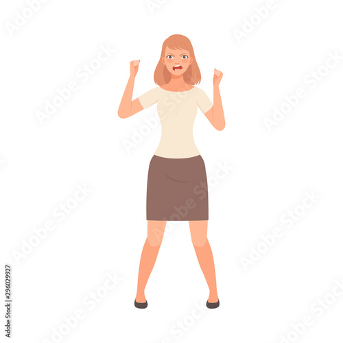 Girl expresses anger and waves her fists illustration vector