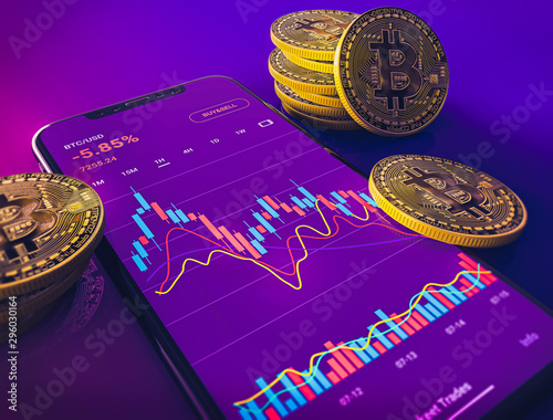 bitcoin price phone app with candlestick chart and golden coins photo