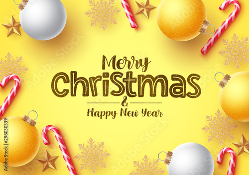 Merry christmas greeting card vector background. Christmas greeting text in gold glitters for holiday season with candycane elements, christmas balls, snowflakes and stars. Vector Illustration