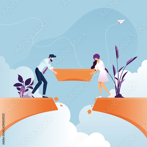 Business team building bridge over cliff gap-Business teamwork concept