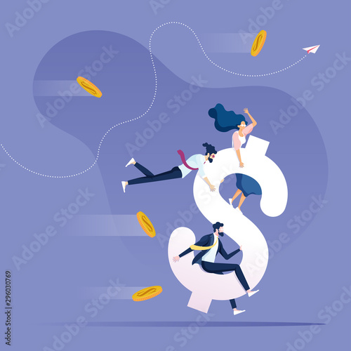 Financial growth concept-Business team riding dollar sign to move forward photo