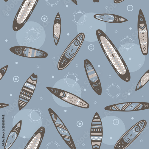 Stand Up Paddle Boarding SUP surfing elements cute seamless pattern vector illustration with supboard, paddle, lifebuoy, waves on a blue background