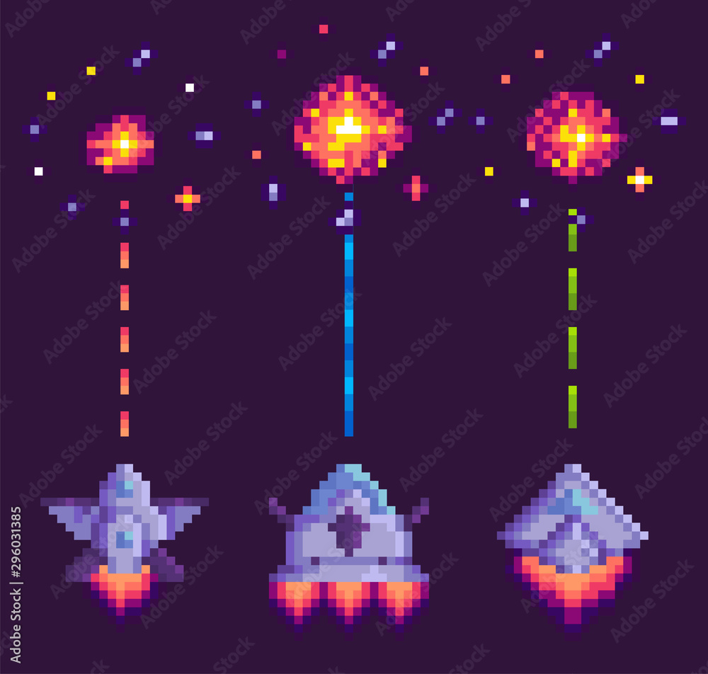 Spaceship shooting, explosion of object, invaders and cosmic sign on purple, video and pixel game, rocket war, dotted line and bang from vehicle vector
