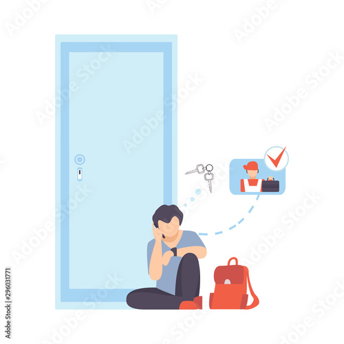 The man lost his keys and calls a locksmith vector illustration