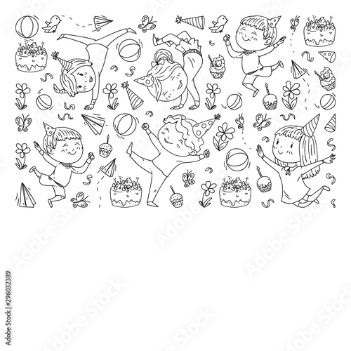 Vector illustration in cartoon style, active company of playful preschool kids jumping, at a party, birthday. Monochrome style in black and white color.