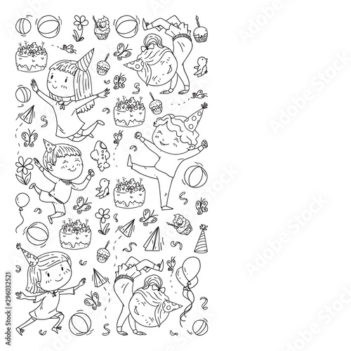 Vector illustration in cartoon style, active company of playful preschool kids jumping, at a party, birthday. Monochrome style in black and white color.