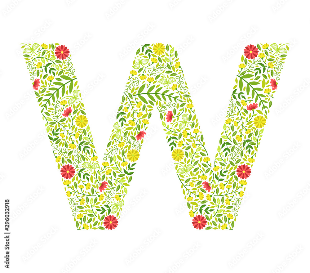 Capital Letter W, Green Floral Alphabet Element, Font Uppercase Letter Made of Leaves and Flowers Pattern Vector Illustration