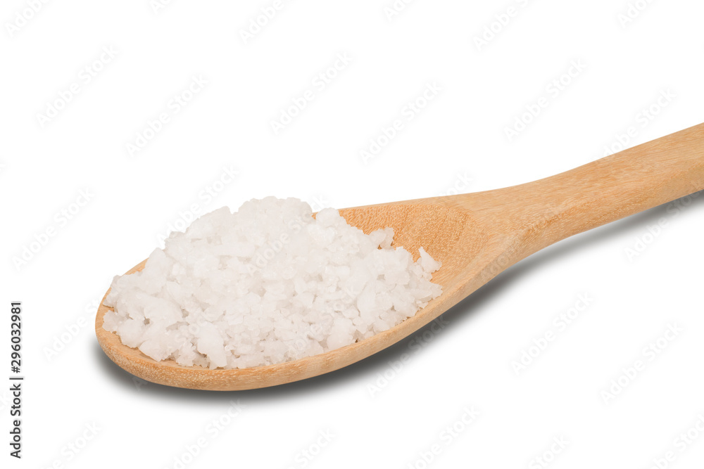 Coarse or rock sea salt in wooden spoon isolated on white background. Clipping path.